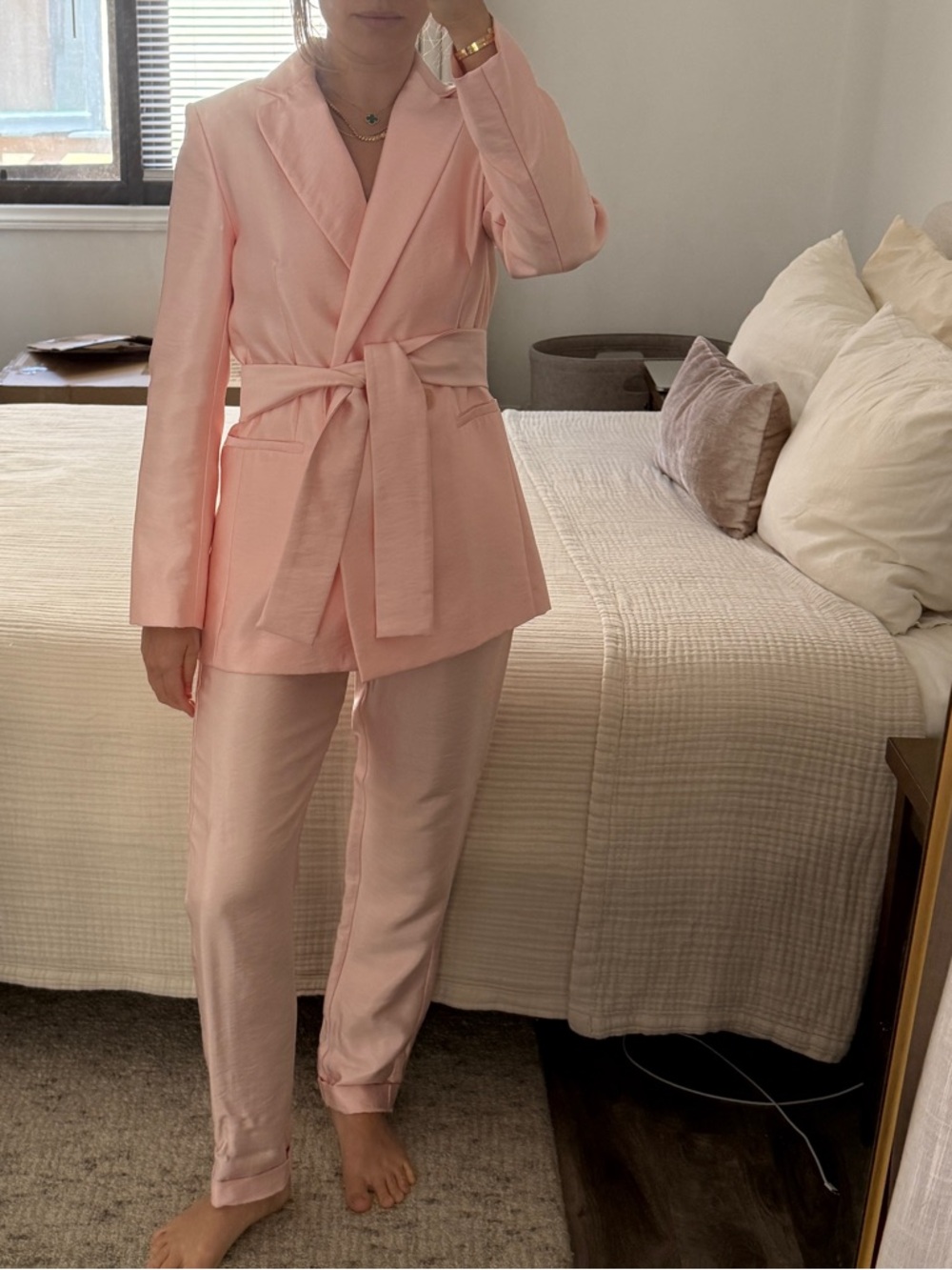 Maje Vasila Satin Suit Metallic Rose Belted Blazer & Pants Set Size 36